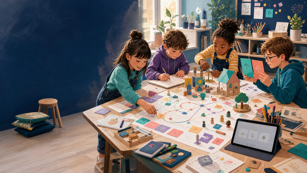 Des enfants construisent ensemble un parcours avec des dessins, des cartes, des objets et des idées.