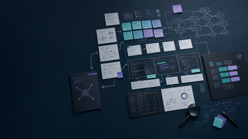 Notes, post-it, interfaces et workflows montrent une méthode de travail en cours de construction.